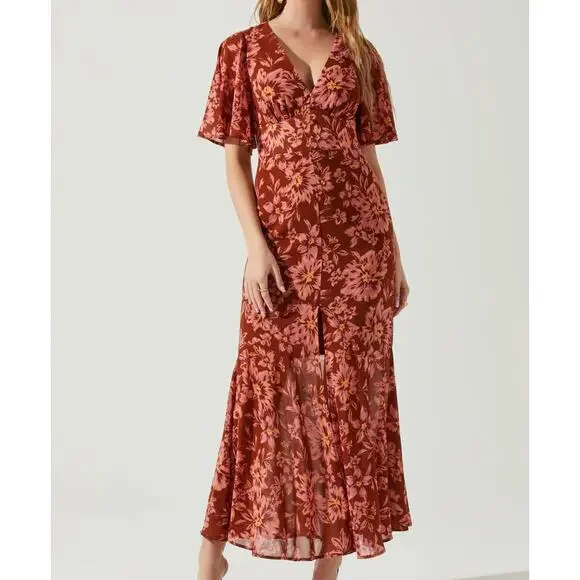 Astr | Dresses | Astr The Label Kenzie Dress Womens Small Rust Floral  Flutter Sleeve Maxi Vneck | Poshmark